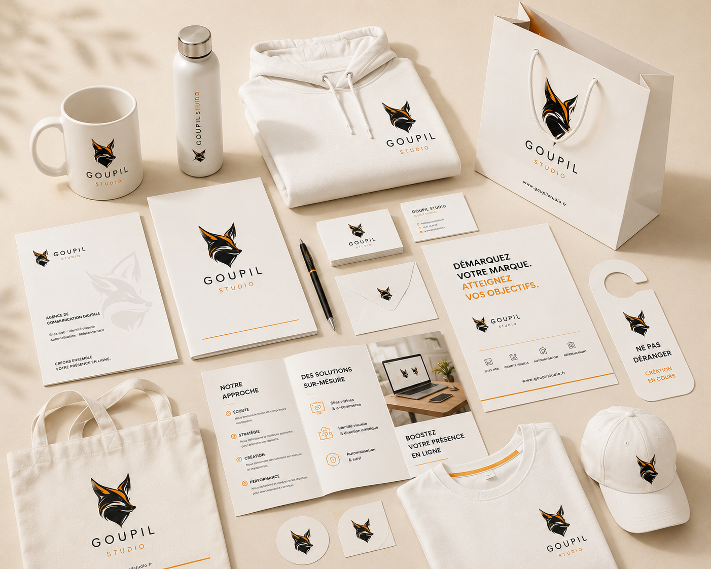 Mockup de supports de marque Goupil Studio — papeterie, textiles, goodies